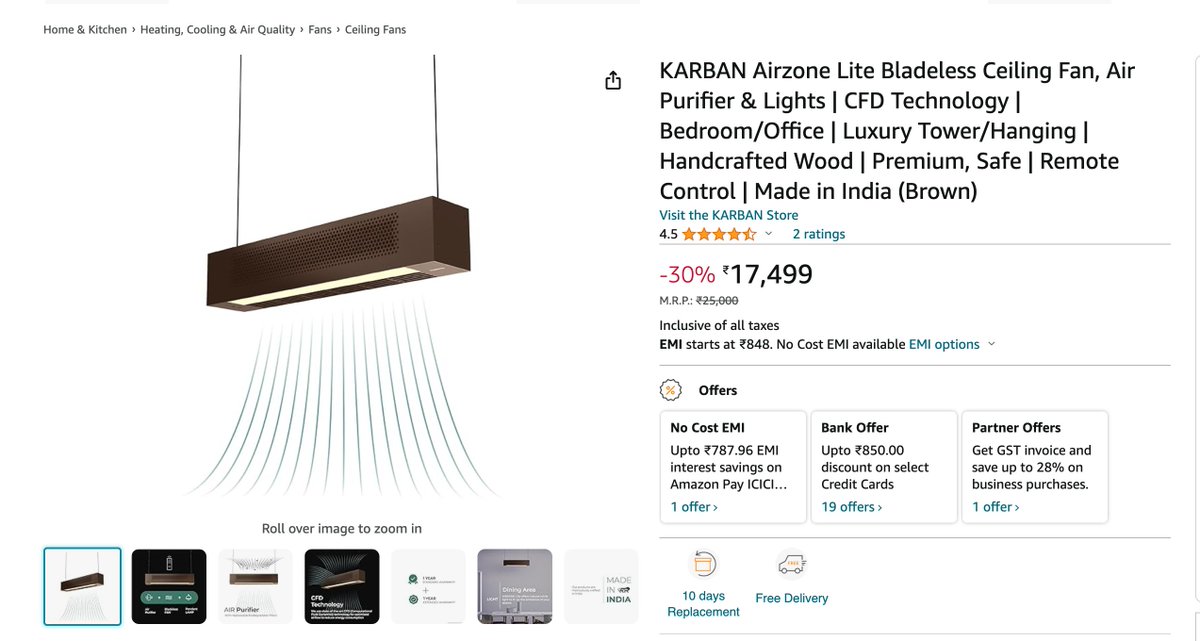 Probably the most underrated design innovation in India rn... 

Karban Airzone = Bladeless Fan + Air purifier + Ceiling lights.