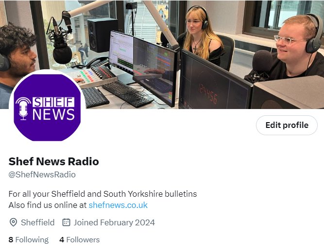 Shameless plug for our new <a href="/ShefNewsRadio/">Shef News Radio</a> channel set up by myself and the brilliant <a href="/JennyEells/">Jenny Eells</a> 🤩 Please give us a follow to see what our brilliant <a href="/sheffjournalism/">Sheffield Journalism</a> students get up to on newsdays 🎤🗣️📱📻