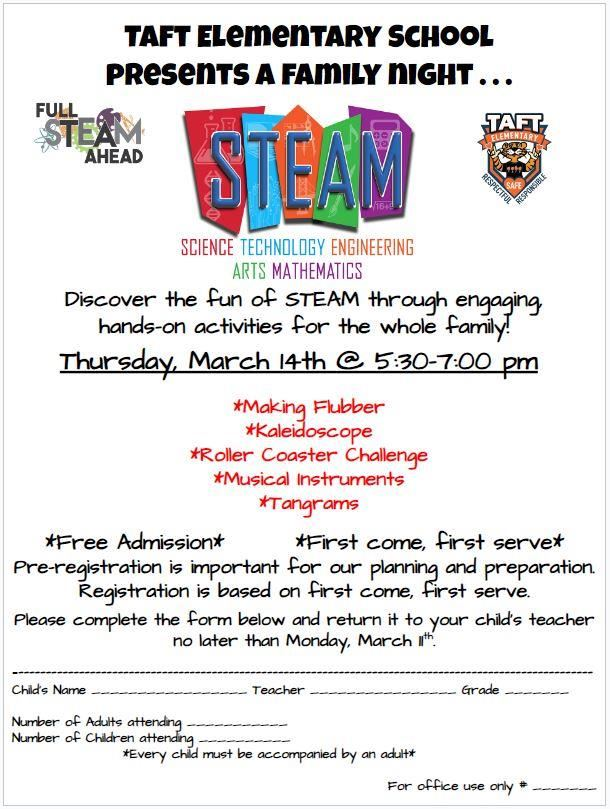 Join us for Family STEAM Night! March 14th 5:30-7pm