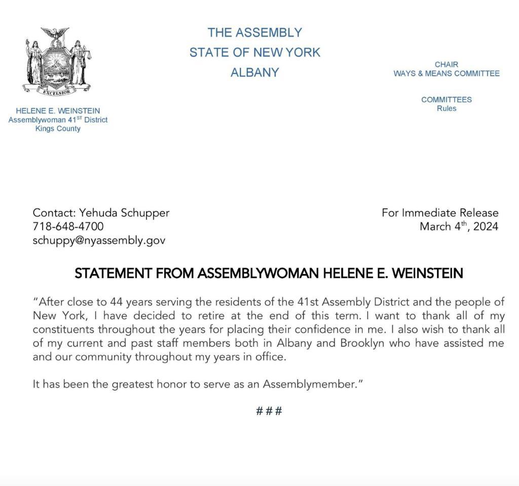 I have had the honor of working closely with Assemblywoman Weinstein on behalf of our growing community for well over twenty-five years. Few, if any, have served their constituents with more respect, effectiveness, and sensitivity. Helene is known far and wide as someone of deep