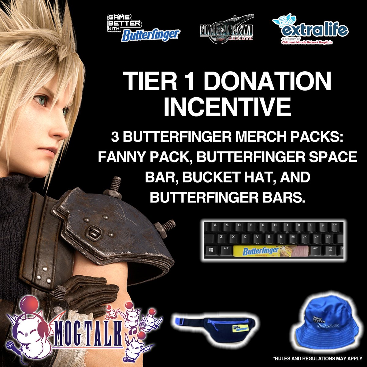 TODAY WE BEGIN FF7 REBIRTH! Thank you @SquareEnix for the game! #ad We are also raising money for @ExtraLife4Kids and partnering with @Butterfinger for giveaways! Our first giveaway incentive goal unlocks at just $500 raised. STARTING NOW!! twitch -> MogTalk
