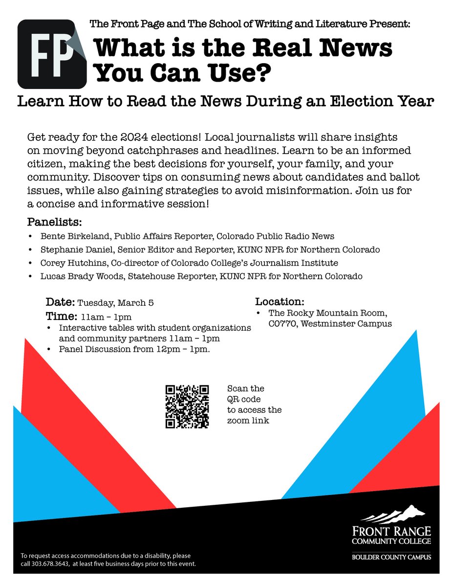FRCC (@frccedu) on Twitter photo π π° Learn how to be a better consumer of news this election year! Join us for a panel TOMORROW w/:
βοΈ <a href="/CPRNews/">CPR News</a>' very own <a href="/BenteBirkeland/">Bente Birkeland</a>
βοΈ <a href="/lucasbradywoods/">Lucas Brady Woods</a> & <a href="/stephd323/">Stephanie Daniel</a> from <a href="/KUNC/">KUNC Colorado</a> Radio
βοΈ <a href="/CoreyHutchins/">Corey Hutchins</a> from <a href="/ColoradoCollege/">Colorado College</a>'s Journalism Institute
blog.frontrange.edu/2024/02/27/leaβ¦ π π° Learn how to be a better consumer of news this election year! Join us for a panel TOMORROW w/:
βοΈ <a href="/CPRNews/">CPR News</a>' very own <a href="/BenteBirkeland/">Bente Birkeland</a>
βοΈ <a href="/lucasbradywoods/">Lucas Brady Woods</a> & <a href="/stephd323/">Stephanie Daniel</a> from <a href="/KUNC/">KUNC Colorado</a> Radio
βοΈ <a href="/CoreyHutchins/">Corey Hutchins</a> from <a href="/ColoradoCollege/">Colorado College</a>'s Journalism Institute
blog.frontrange.edu/2024/02/27/leaβ¦