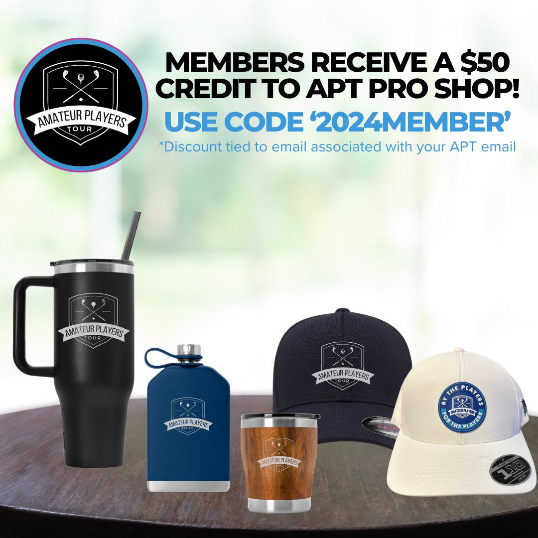 Did you know that with your APT membership, you receive a $50 credit to our fully stocked APT Pro Shop?  To redeem, use code '2024Member' AND use the email associated with your APT account.  amateurplayersshop.com