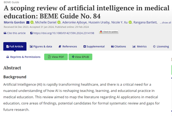 A new collaborative article from @UCLanMedicine Professor Morris Gordon. A scoping review of artificial intelligence in medical education: BEME Guide No. 84 ow.ly/N3z350QKIlV #AI @UCLanHealth #MedicalEducation