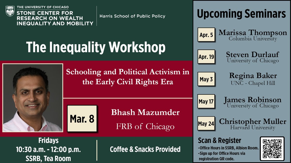 Don't miss this week's Inequality Workshop! Join us as we host @BhashMazumder, senior economist at the FRB of Chicago, to discuss the effects of education on political engagement. 🔗 Register here: bit.ly/3TmAVkZ 📅 Date: Friday, March 8, 2024 🕕 Time: 10:30 AM –…