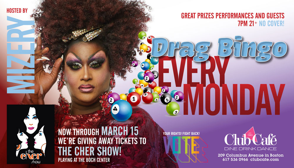 Club Cafe (@clubcafeboston) on Twitter photo Drag Bingo is back tonight with <a href="/mizery21/">Alex salas</a>. Some winners will walk away with free tickets to The Cher Show! Bingo is free to play. Make your reservation at clubcafe.com/reserve Drag Bingo is back tonight with <a href="/mizery21/">Alex salas</a>. Some winners will walk away with free tickets to The Cher Show! Bingo is free to play. Make your reservation at clubcafe.com/reserve