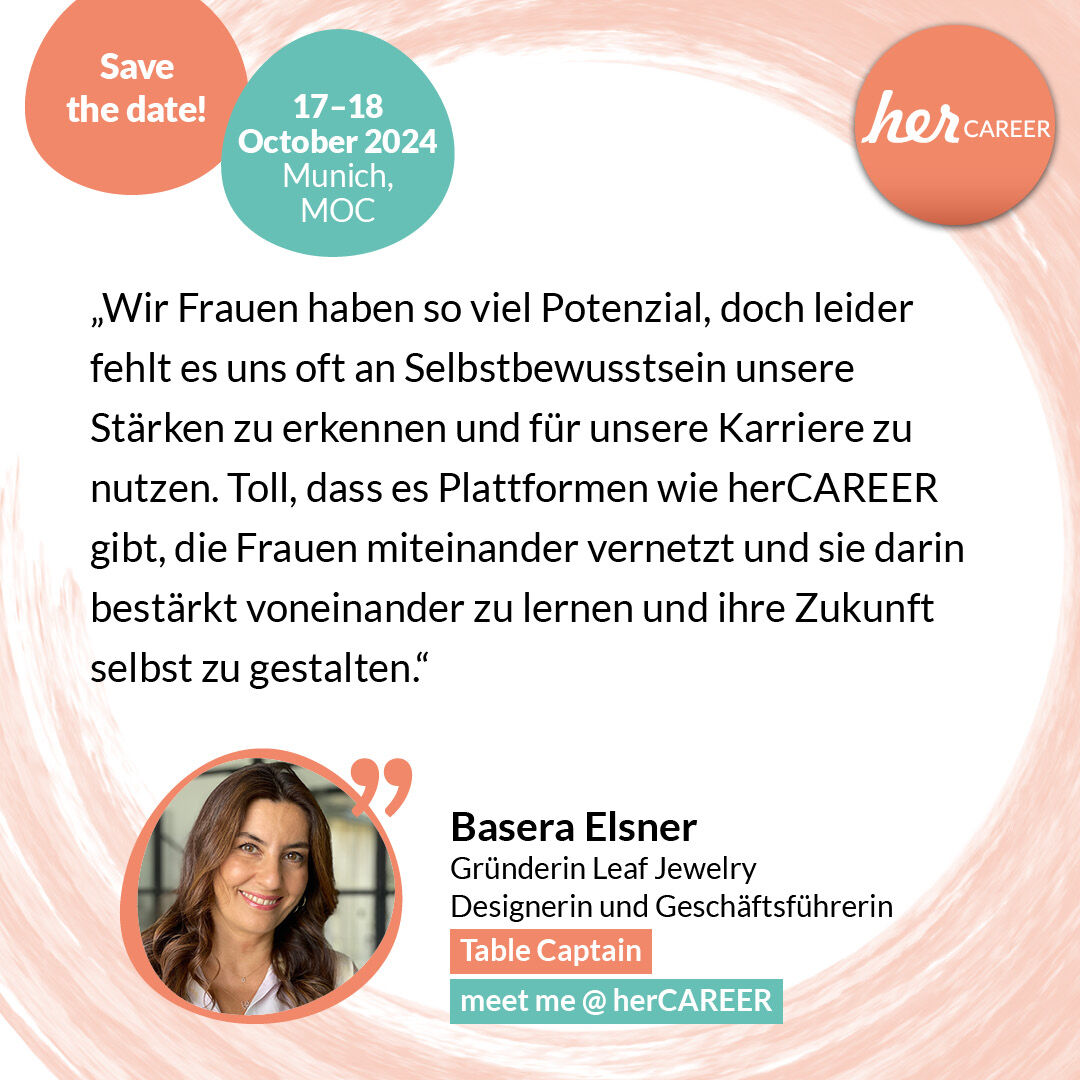 Basera Elsner gründete nach ihrem BWL-Studium das Schmucklabel „Leaf Jewelry“.

Wir sind voller Vorfreude, dass Basera ein Teil der #herCAREER Expo 2024 sein wird! Und zwar als #TableCaptain bei der herCAREER@Night.
Infos und Tickets: her-career.com/expo/programm/…

#GenderEquality