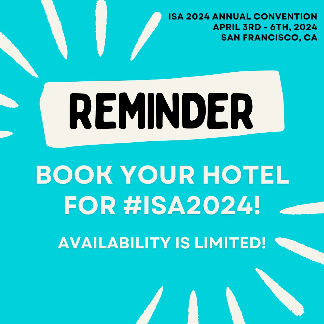 Book your stay at ISA 2024 now! Secure a spot at Hilton SF Union Square or Parc 55, our designated hotels. Limited rooms available, reserve yours at isanet.org/Conferences/IS…. Don't miss out! #ISA2024