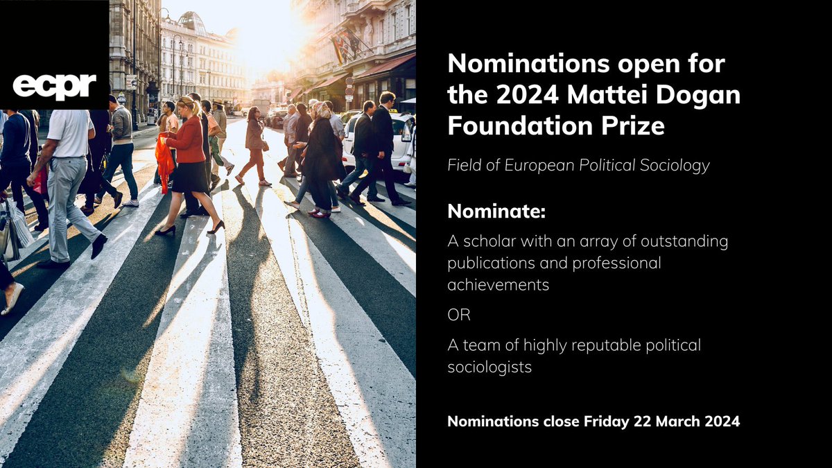 🏆 We #InspireInclusion by celebrating women's accomplishments with #ECPRPrizes ✨ Don't miss this opportunity to honour a woman who has made an outstanding contribution to European #PoliticalSociology with our Mattei Dogan Prize ⏳ 22 March ow.ly/6ymi50IiAg5 #IWD2024