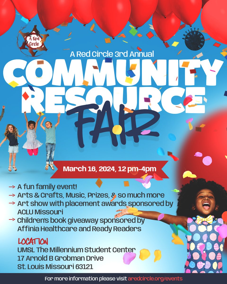 Save the Date‼️ Creative Reaction Lab will be participating in the upcoming Red Circle Community Resource Fair. Join us for a day of connection and community impact. Date: March 16, 2024 Time: 12pm-4pm Location: UMSL - Millennium Student Center