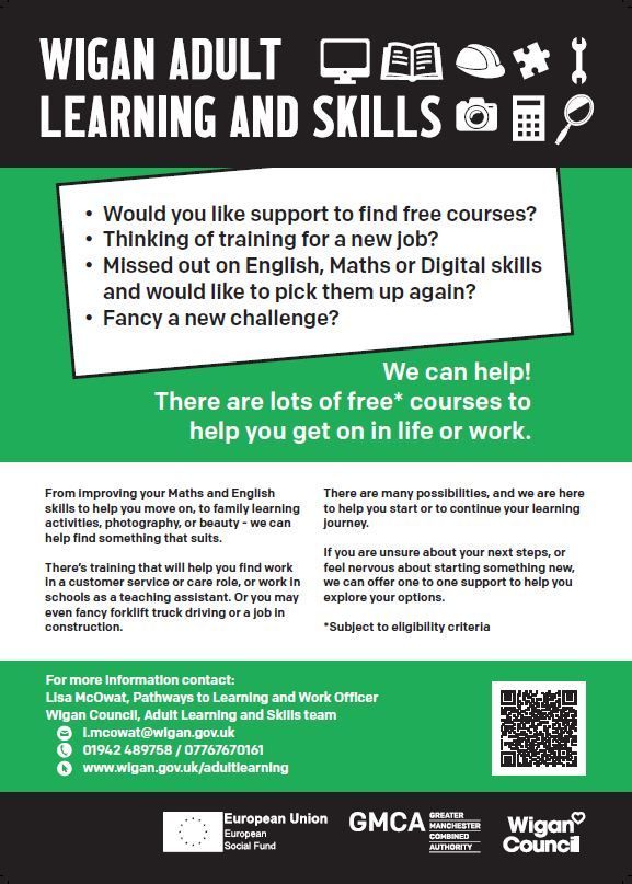 Do you want to learn new skills or improve existing ones to help you in work or even just everyday life? Check out the Adult Learning and Skills web page for free courses on English, Maths, Digital and more! 👇 wigan.gov.uk/Resident/Jobs-…