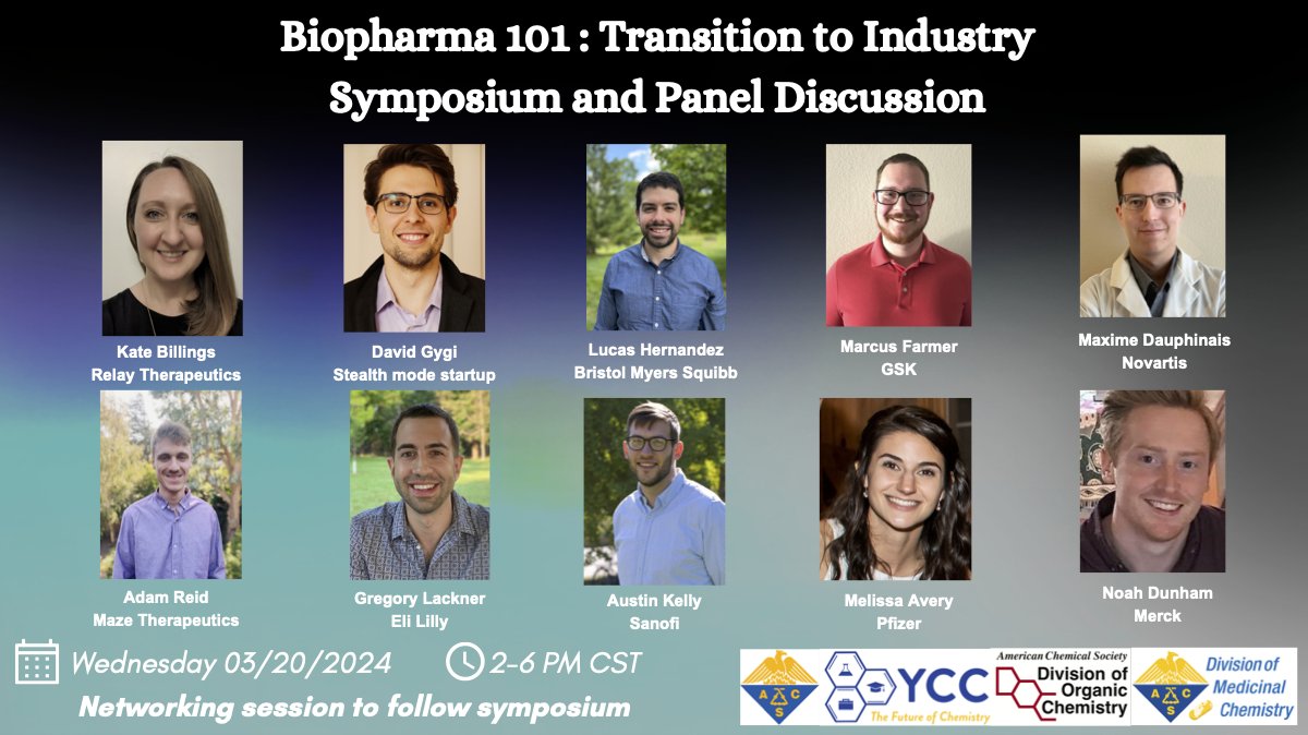 Please join us on Wednesday March 20th @ 2PM in room 340 for Biopharma 101: Transition to Industry. Early career professionals in biopharmaceutical roles will highlight their work through individual talks and a panel discussion. #cosponsored #YCCTurns50 #ACSSpring2024