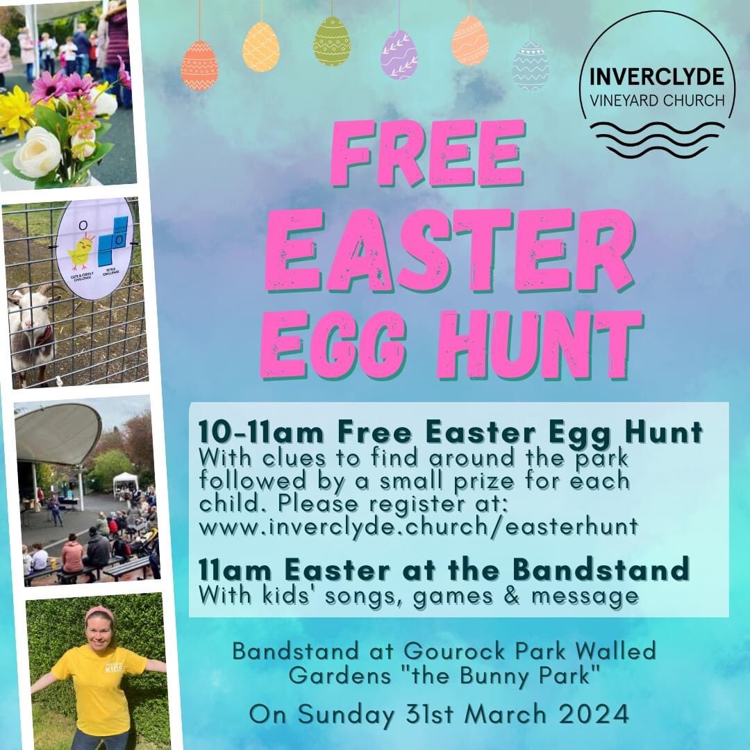 Excited to be back again this year at Gourock Park Walled Gardens (aka The Bunny Park!) for Easter Sunday 31st March 🎉 👉 Register for our Free Egg Hunt by going to inverclyde.church/easterhunt 👈 Funded by Inverclyde Community Fund.