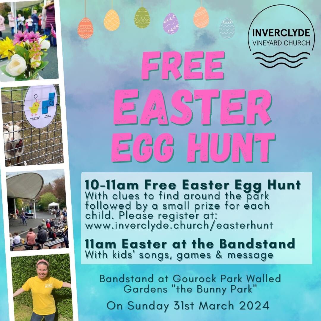 Excited to be back again this year at Gourock Park Walled Gardens (aka The Bunny Park!) for Easter Sunday 31st March 🎉

👉 Register for our Free Egg Hunt by going to inverclyde.church/easterhunt 👈
Funded by Inverclyde Community Fund.