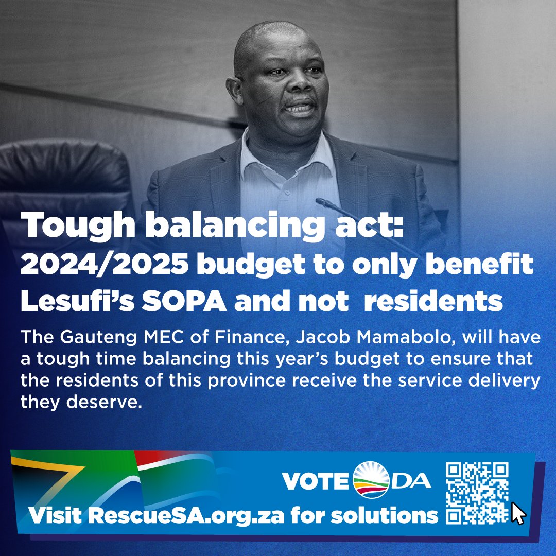 📉 Balancing act in Gauteng's 2024/2025 budget mirrors Lesufi's promises, burdening residents with e-Toll debt and redundant initiatives. #GautengBudget2024 #DA_GPL💰<a href="/Ruhanda/">Ruhan Robinson</a>

ow.ly/5awZ50QKCRP