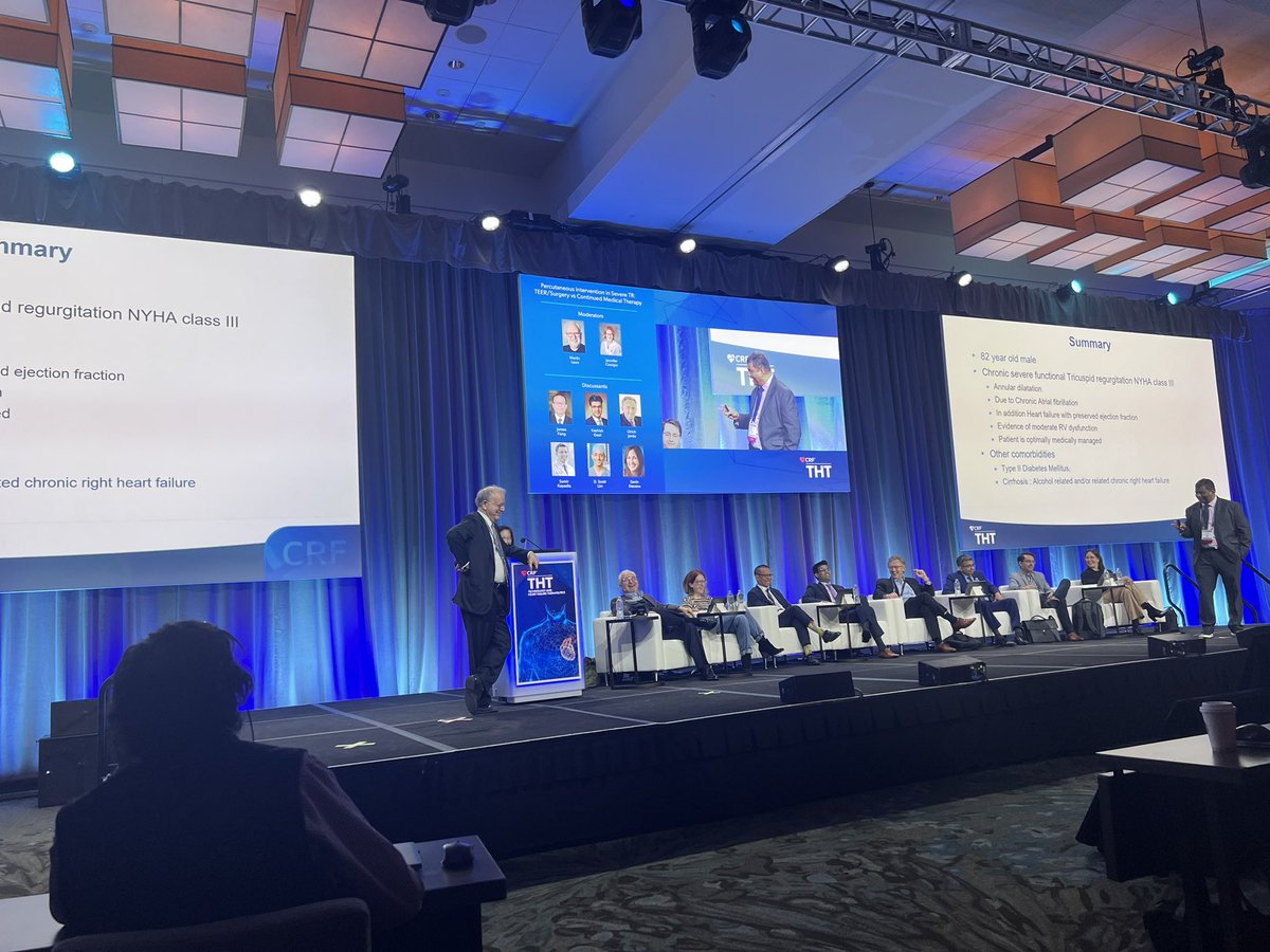 Dr. Packer and Dr. Kar duking it out over TEER vs medical management of severe TR in the first hot topic debate of the conference! #THT2024 @CRF