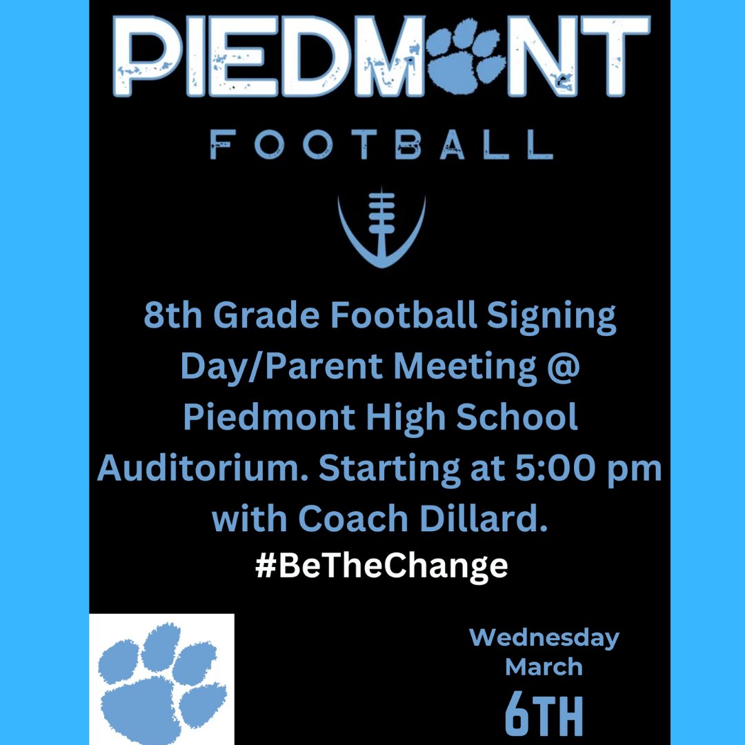 An 8th grade football signing will be held on Wednesday, March 6 at the PHS auditorium at 5 p.m. Congratulations to our athletes! @aghoulihan @ucpsnc #BeTheChange