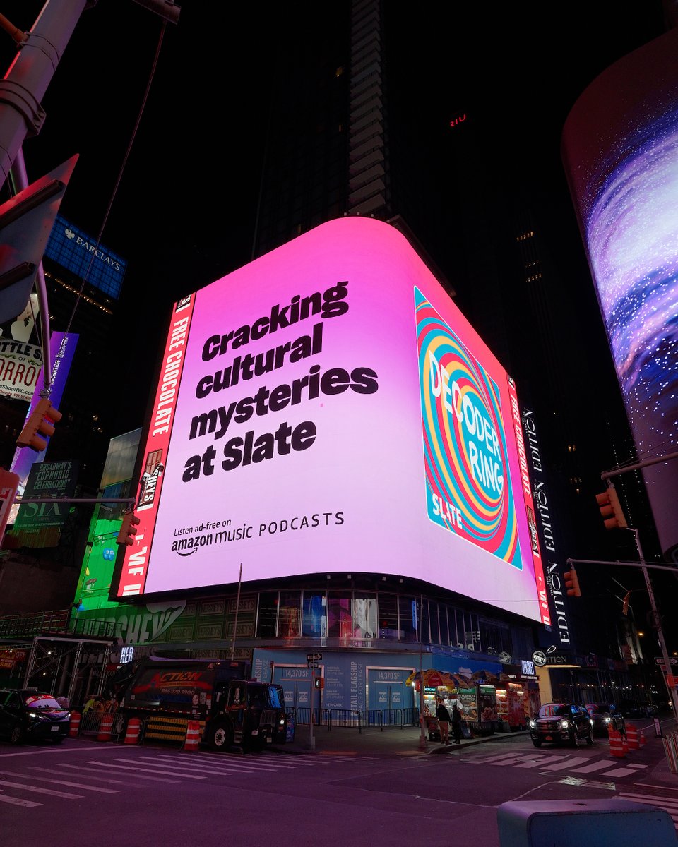 We are so excited to have Decoder Ring featured in Times Square this week. Thank you to @PlayMorePods! You can hear new stories ad-free every week on @PlayMorePods, where you can find Decoder Ring and all your Slate favorites without the ads! 🎧 music.amazon.com/podcasts/2ff9f…