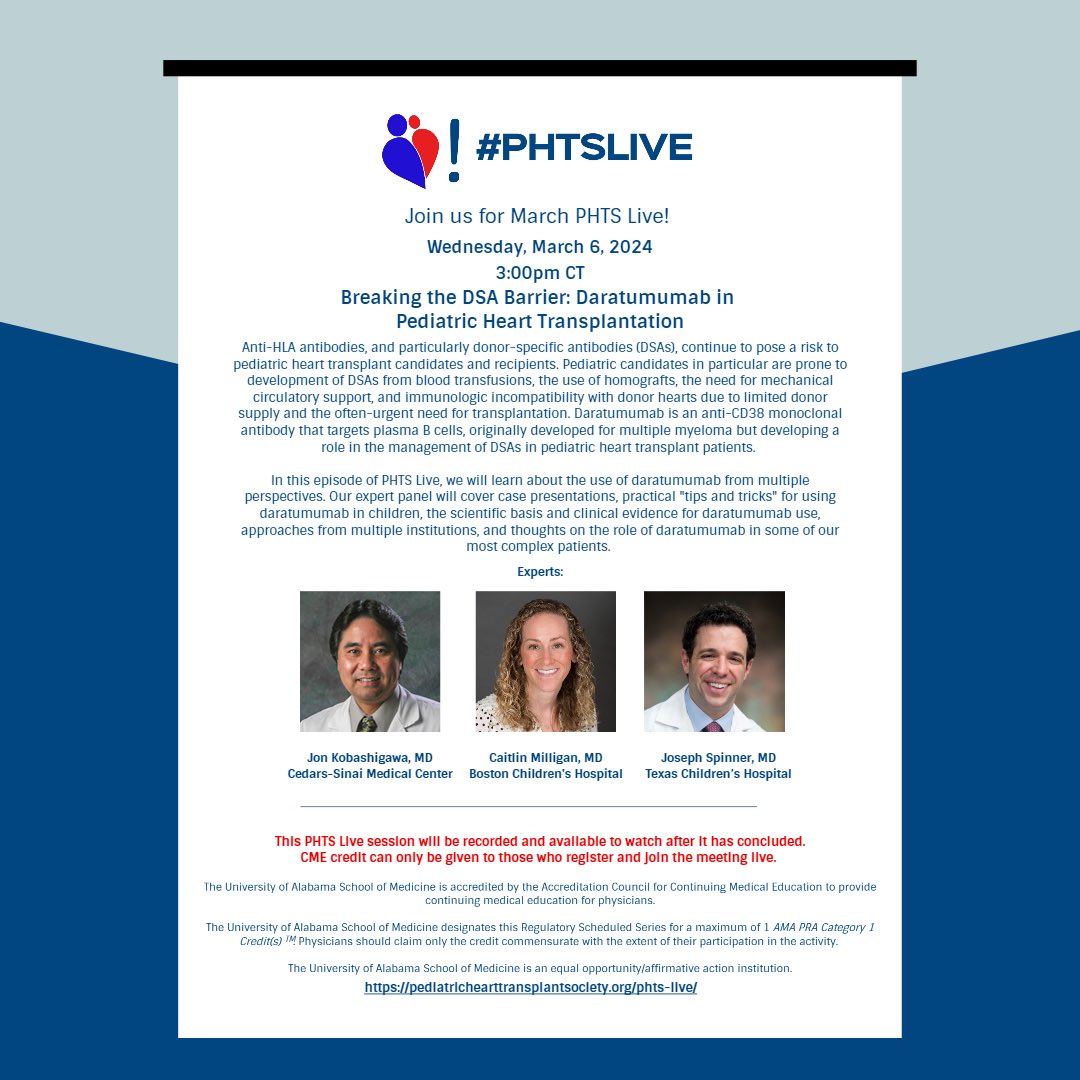 Join us this Wednesday, March 6th at 3:00pm CT, for March PHTS Live! Breaking the DSA Barrier: Daratumumab in Pediatric Heart Transplantation. Register at the link below! kirso-net.zoom.us/webinar/regist… #phtslive #pediatrichearttransplantresearch #research