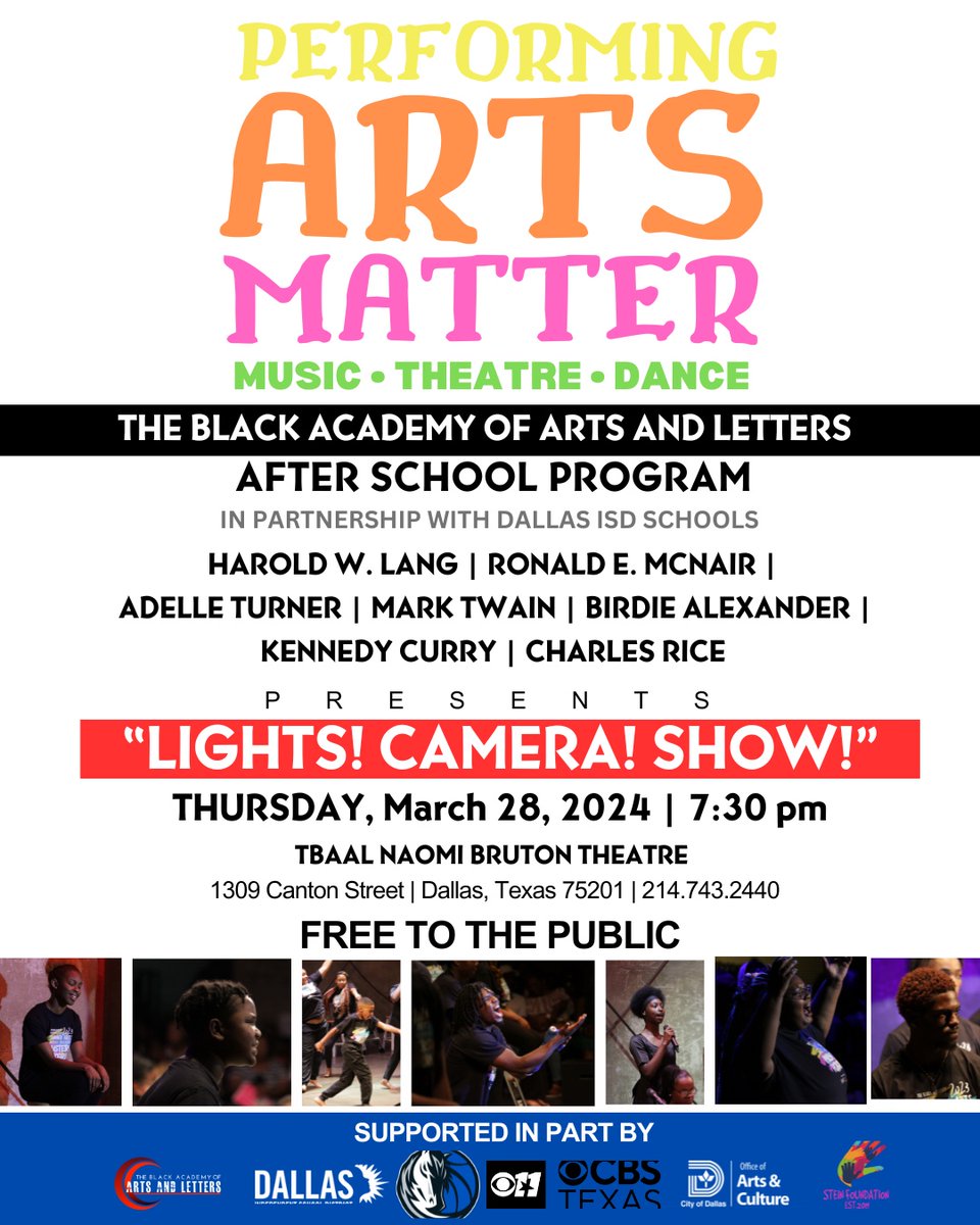 LIGHTS! 💡CAMERA! 🎥 SHOW! 🎬 Join us for the Performing Arts Matter: An After School Extended Learning Experience FINALE PERFORMANCE! 🏫 Partnership with Dallas ISD 🎟️ ADMISSION: FREE to the public 📲 FOR MORE INFO: 214.743.2400