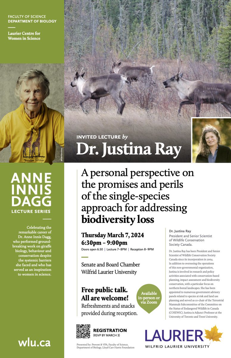 WCS Canada (@wcs_canada) on Twitter photo <a href="/WCS_Canada/">WCS Canada</a> President & Senior Scientist Justina Ray will share her perspective on the promises and perils of the single-species approach to addressing biodiversity loss at <a href="/Laurier/">Wilfrid Laurier University</a> University this coming March 7th.
Register here ⬇️ loom.ly/eWJ80Dc <a href="/WCS_Canada/">WCS Canada</a> President & Senior Scientist Justina Ray will share her perspective on the promises and perils of the single-species approach to addressing biodiversity loss at <a href="/Laurier/">Wilfrid Laurier University</a> University this coming March 7th.
Register here ⬇️ loom.ly/eWJ80Dc