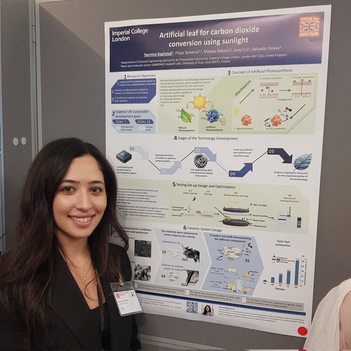 Such exciting and innovative research being exhibited here today at <a href="/STEM4Brit/">STEM for Britain</a>.

<a href="/Yasmine_NB95/">Yasmine Baghdadi</a>, from <a href="/imperialcollege/">Imperial College London</a>, is here to showcase her 'artificial leaf' research poster. She has synthesised materials which when exposed to sunlight, mimic the photosynthesis reaction that