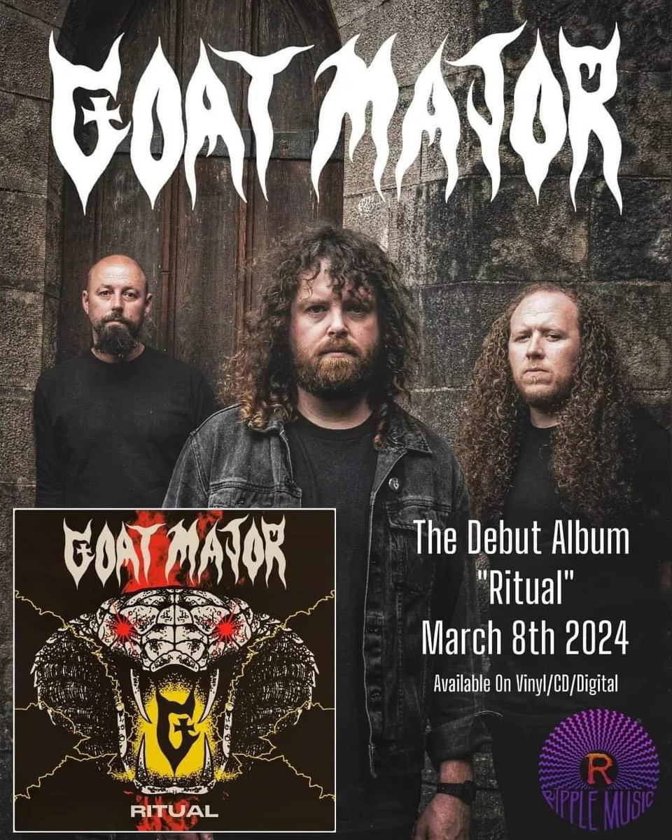 music_ripple's tweet photo. “The band’s sound is a mixture of ELECTRIC WIZARD and early KADAVAR with the folky aesthetic of GREEN LUNG and their debut album Ritual is a gritty, grimy and eerie adventure into old school occult doom.”— Distorted Sound Magazine  

Goat Major is coming.  Friday. https://t.co/23gTIU9LR1