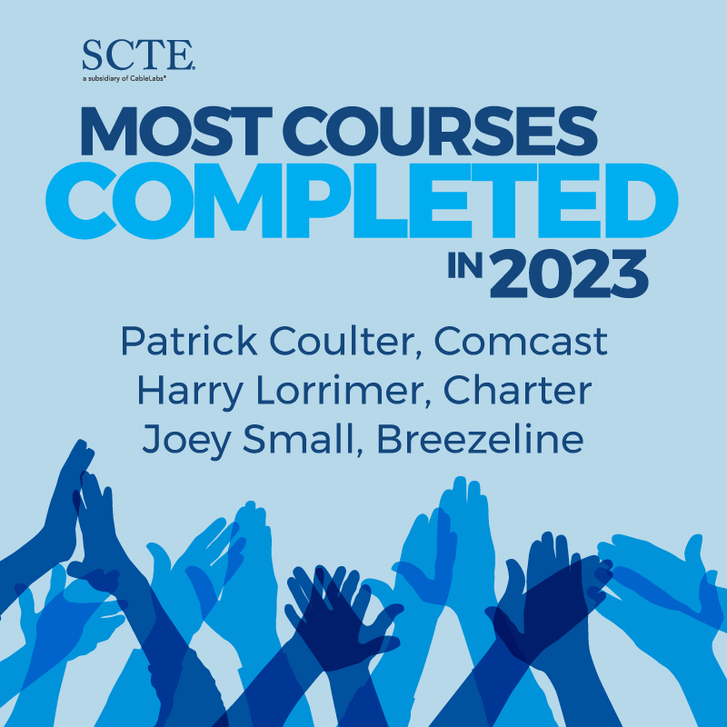 We are thrilled to extend our heartfelt congratulations to these three outstanding individuals who completed the most SCTE courses in 2023! 🏆 Patrick Coulter with @comcast 🏆 Harry Lorrimer with @CharterNewsroom 🏆 Joey Small with @breezeline