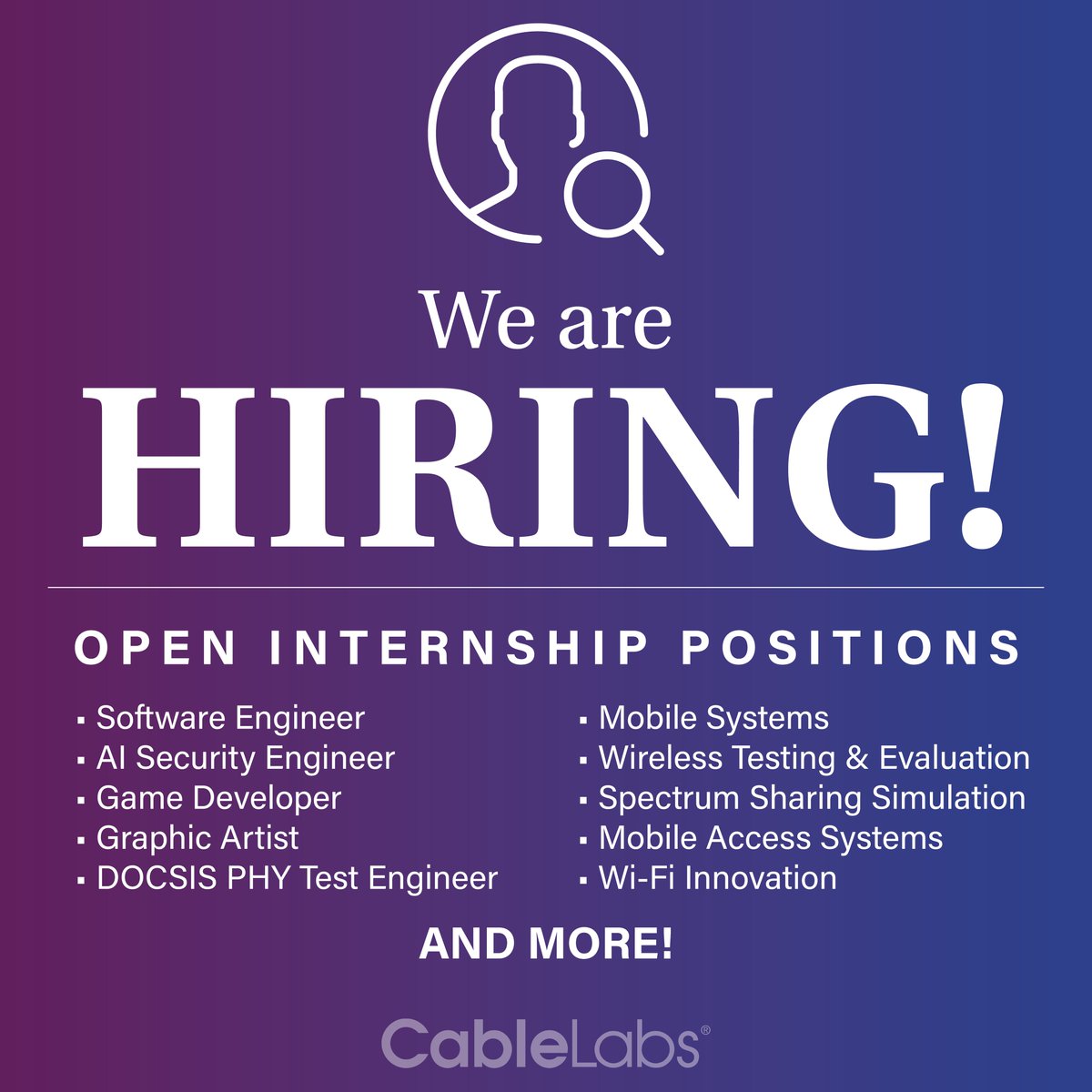 Dive into a sizzling summer with CableLabs! From #engineering to #design, our #internships cover a spectrum of roles. Apply now and make this summer one for the books 🌴☀️ cablela.bs/3IDitOR #internship #summerinternship #hiring