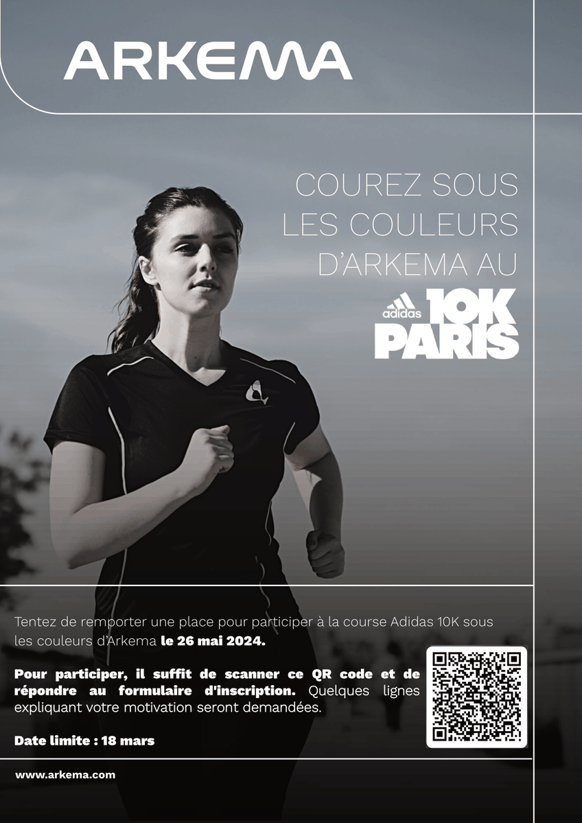 Courez sous les couleurs d'Arkema au Adidas 10km de Paris ! 📅Quand ? Dimanche 26 mai. ✍Pour participer, il suffit de scanner le QR code ou de répondre au formulaire d'inscription ici avant le 18 mars : forms.office.com/Pages/Response…