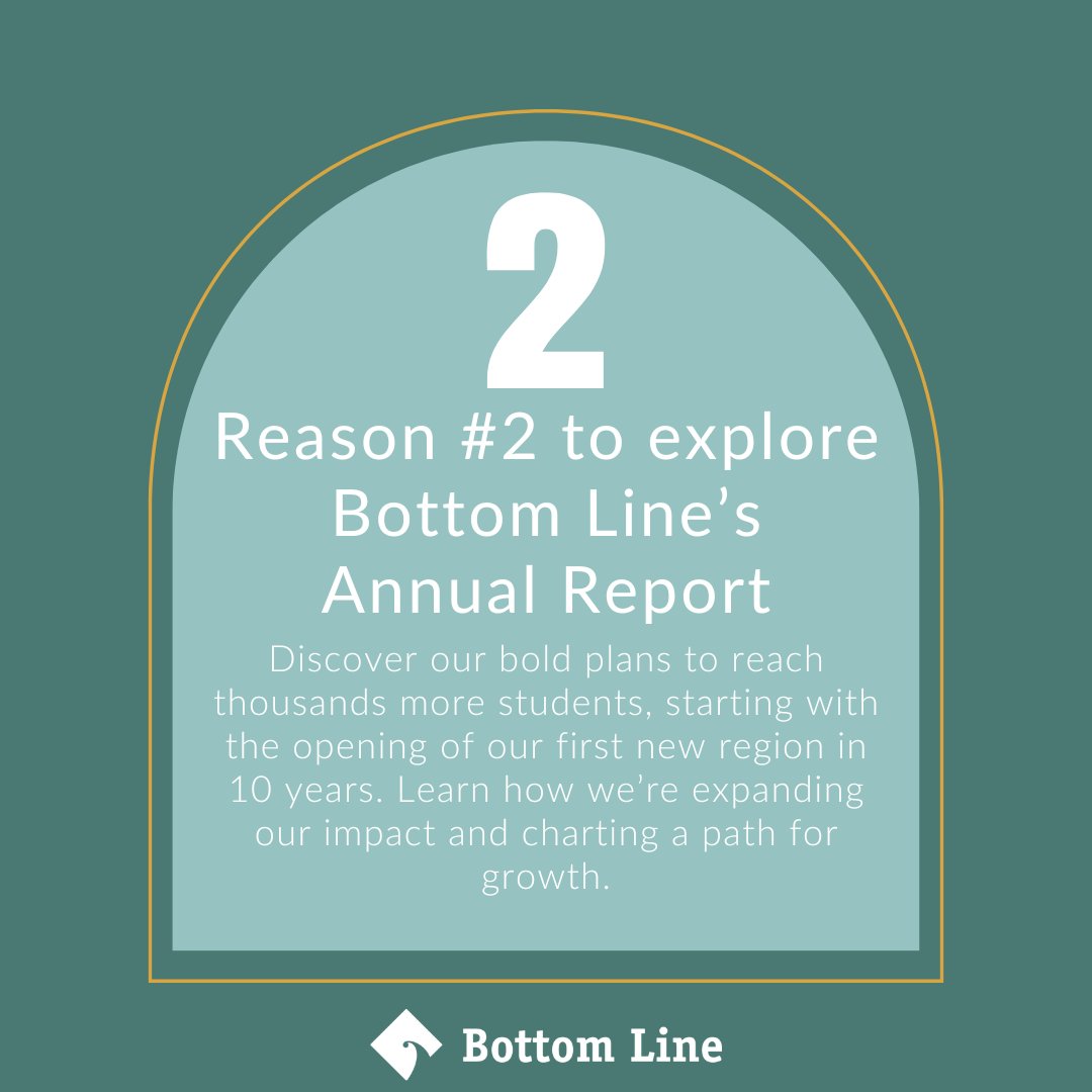 Reason #2 to explore Bottom Line’s Annual Report: Discover our bold plans to reach thousands more students, starting with the opening of our first new region in 10 years. Learn how we’re expanding our impact and charting a path for growth: bit.ly/49wrxkl