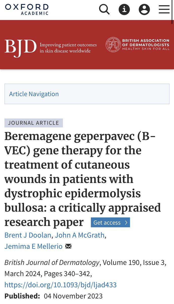 Beremagene geperpavec (B-VEC) gene therapy for the treatment of cutaneous wounds in patients with dystrophic epidermolysis bullosa: a critically appraised research paper doi.org/10.1093/bjd/lj…