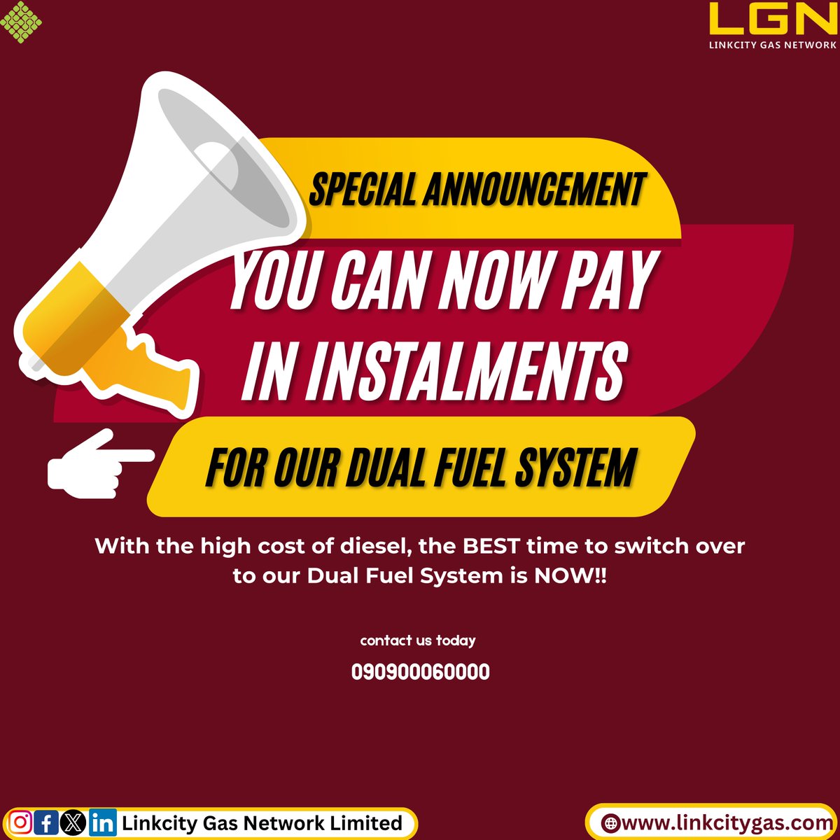 Big news, everyone! You can now pay in installments for our dual fuel system. Don't wait, make the switch now! 💡⚡️🔥

#dualfuel, Olu jacob chioma, RIP Legend, central Bank of Nigeria