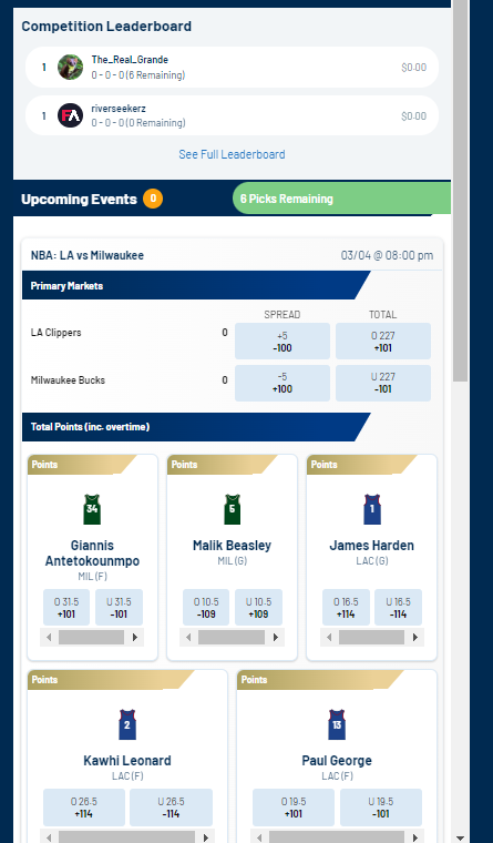 🏀Come battle <a href="/the_real_grande/">JG</a> &amp; I in today's <a href="/FantasyAlarm/">Fantasy Alarm</a> <a href="/BettorEdge/">BettorEdge - Social Betting Marketplace</a> Pick6 Pick'em contest for the #Clippers vs #Bucks matchup!

🏆Top 3 get paid!

💰Get $10 FREE when you register - no credit card needed!

➡️fantasyalarm.com/pickem