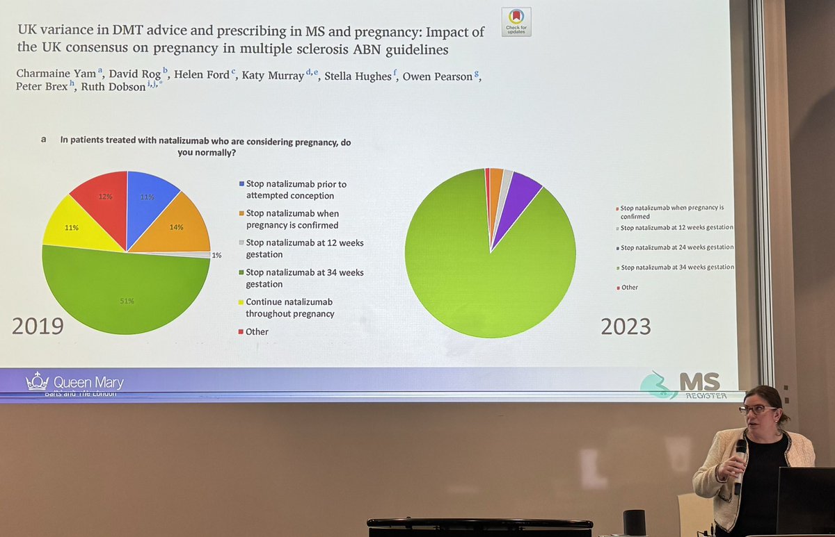 And some good news … measured impact of clinical MS guidelines on use of DMTs in pregnancy has demonstrated significant change, improving outcomes for women with MS in UK and beyond. Great presentation by the inspiring Lead @preventiveneur1 Prof Ruth Dobson.