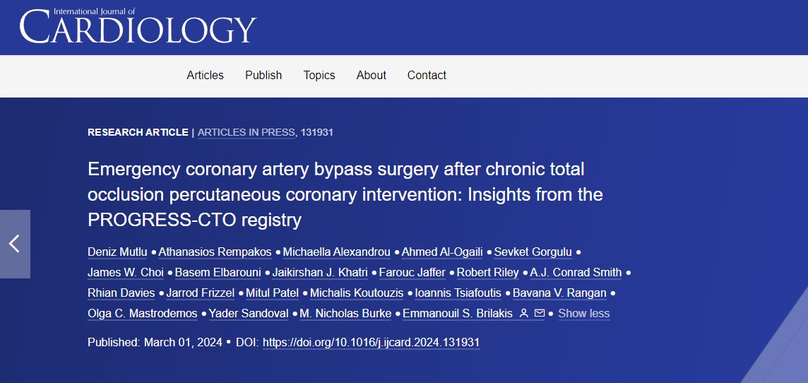 🚨Our latest article addressing a major concern for interventional cardiologists is now available online. Emergency #CABG following #CTO PCI is a critical complication with significant in-hospital mortality rates. 

Discover more details here: internationaljournalofcardiology.com/article/S0167-…