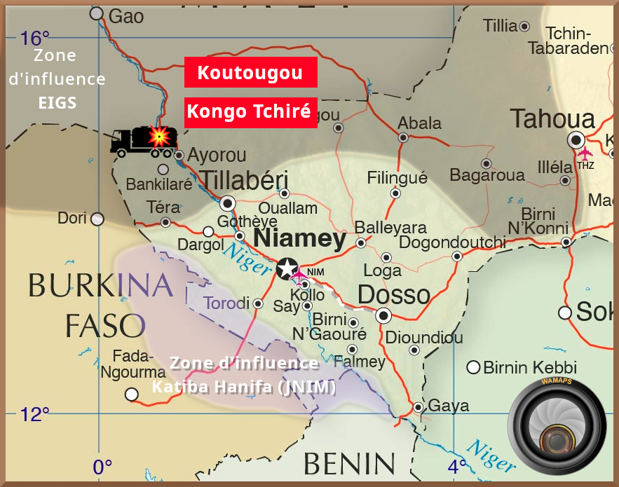 WamapsENG's tweet photo. #Niger 🇳🇪| 03/03 Around 4pm, terrorists affiliated with the #EIGS attacked a convoy of tankers from #Gao (#Mali) to #Niamey (Niger).
🔶 The attack took place between #Kongo_Tchiré and #Koutougou, 35 km north of #Ayorou, region of #Tillabéri.
🔴 The human toll is 7 killed. (List in description)
🔵 7 tankers were set on fire.
The #FAMa escorted the convoy from Gao to #Labbézanga, many Nigeriens wonder about the lack of escort when crossing the Nigerien border.
From @Wamaps_news