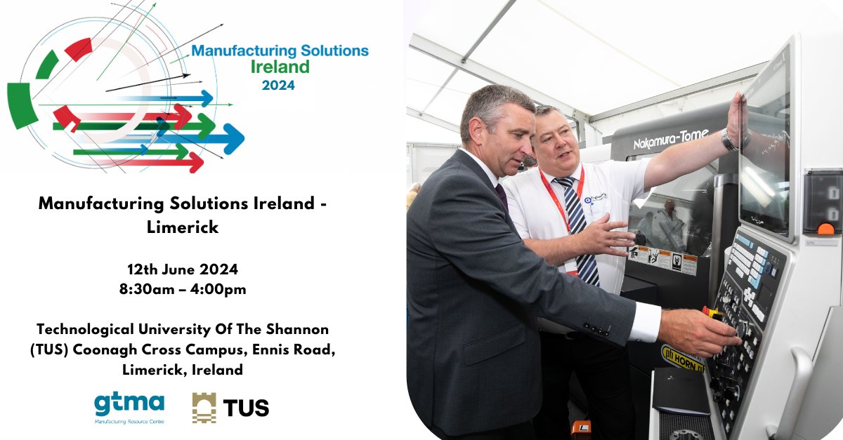 TUS_ie's tweet image. ** Save the Date**
Manufacturing Solutions returns to Limerick June 12th, in a brand new location - Our Engineering Campus at Coonagh Cross. Bringing all the leading technology suppliers together. Register here: manufacturingsolutions.ie
#ManufacturingSolutions #EngineeringEvent
