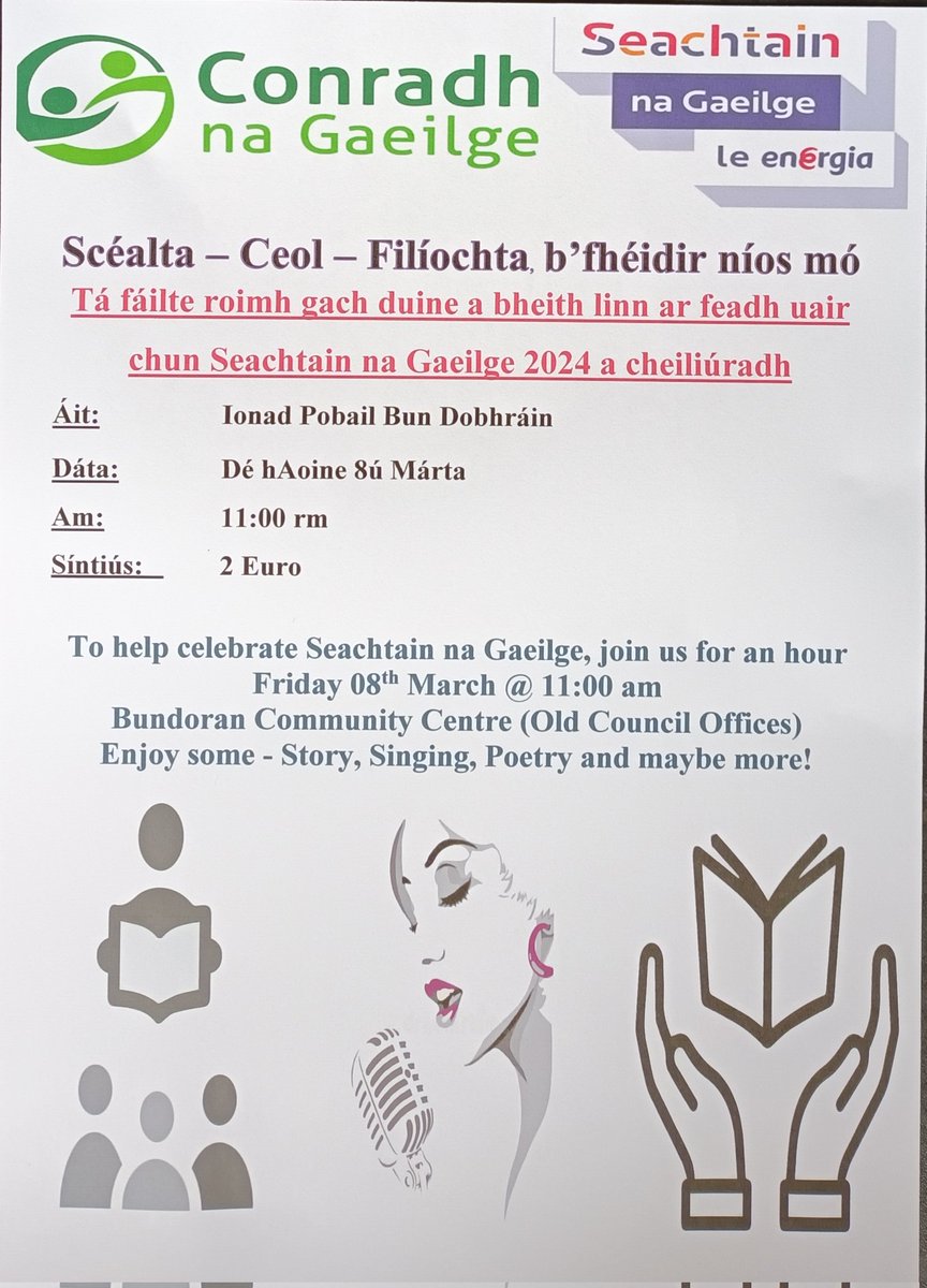 #SeachtainnaGaeilge @OideasGael @cnaghongcong @welovedonegal @DscoverBundoran @donegalcouncil @artscouncil_ie Celebrating Seactain na Gaeilge in Bundoran Community Centre this Friday, 08th March, with some song, story, and poetry, all in Irish. Everyone is welcome. Please share.