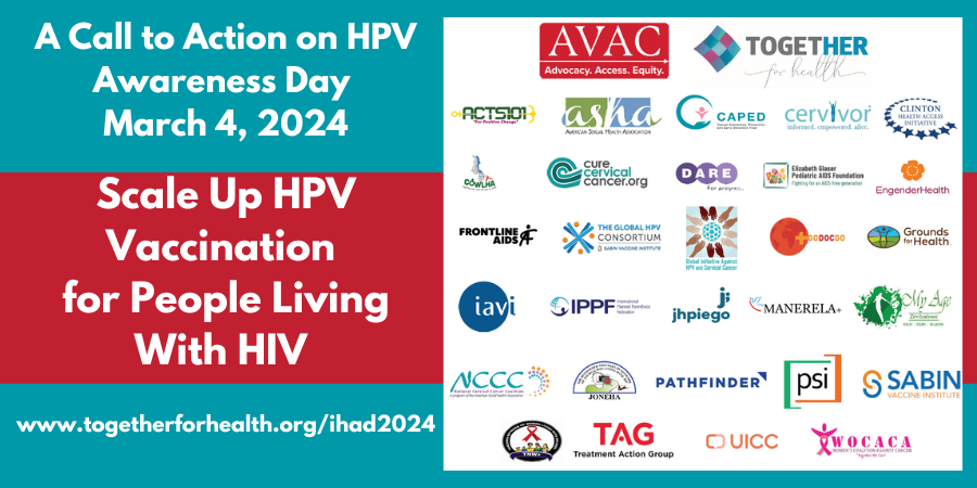 InfoASHA's tweet image. Today on #HPVAwarenessDay, @HIVpxresearch @Toget_HERHealth &amp;amp; advocates for #HIV &amp;amp; #CervicalCancer prevention call on global leadership to increase access to lifesaving #HPVvaccines for people living with HIV. Read our call to action at togetherforhealth.org/ihad2024