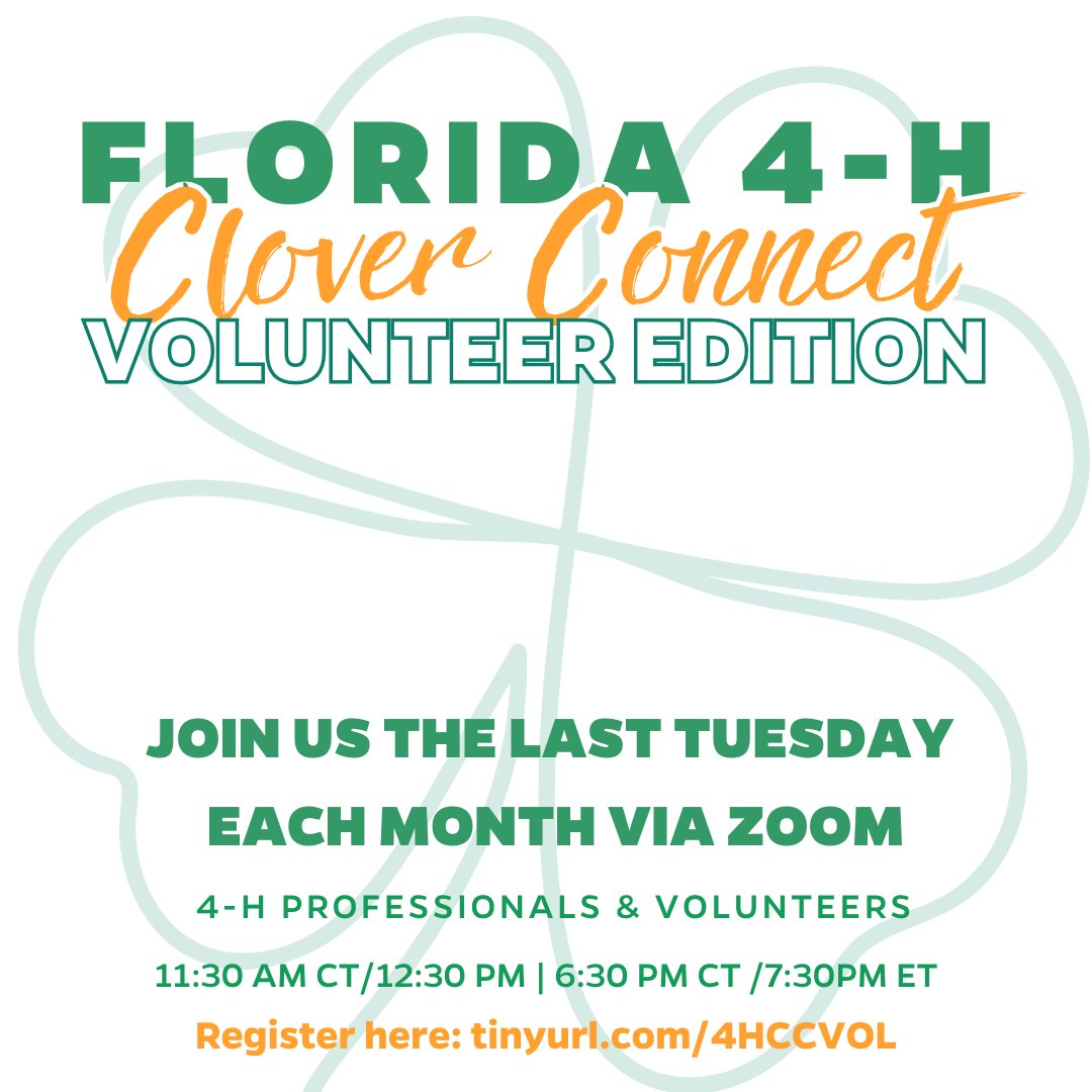 Mark your calendars for the 2024 Florida 4-H Clover Connect: Volunteer Edition webinars. 📅 When: last/4th Tuesday of the month unless otherwise noted. ⏰ Two opportunities! 12:30AM EST or 7:30 PM EST. 🔗 Register for one, two, or ALL webinars at bit.ly/49TYmaB