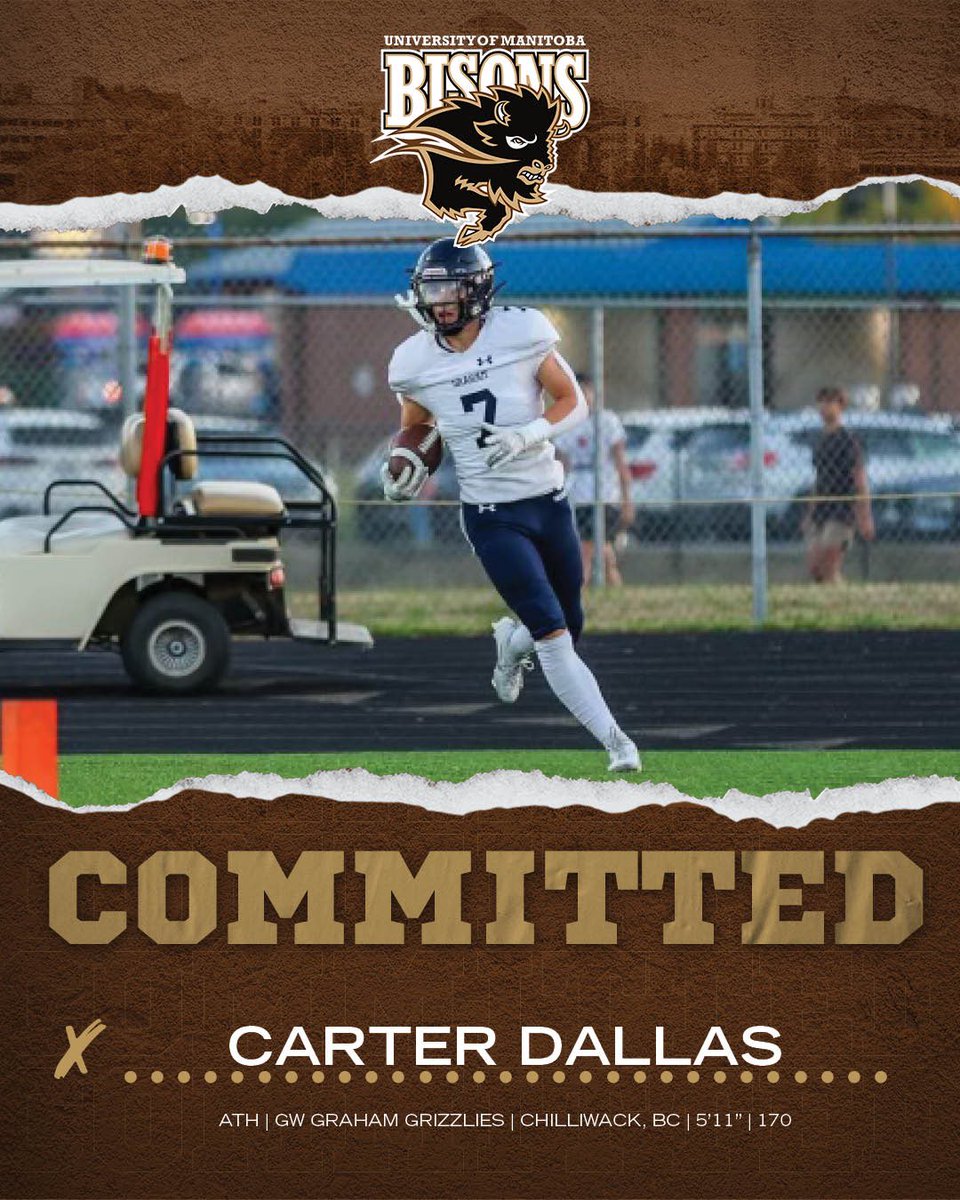 The Manitoba Bisons are proud to announce the 16th signing of the 2024 recruiting class Carter Dallas out of the @GrahamGrizzlies Coach Dobie “really good ball skills on both sides of the football, we see a kid who can come in and compete with our defensive backfield