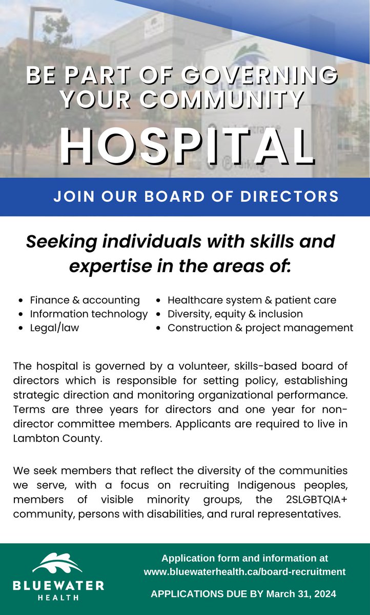 Bluewater Health is currently recruiting for our Board of Directors, and we kindly ask you share this opportunity with those who may be interested. Learn more: buff.ly/3xYRQyu