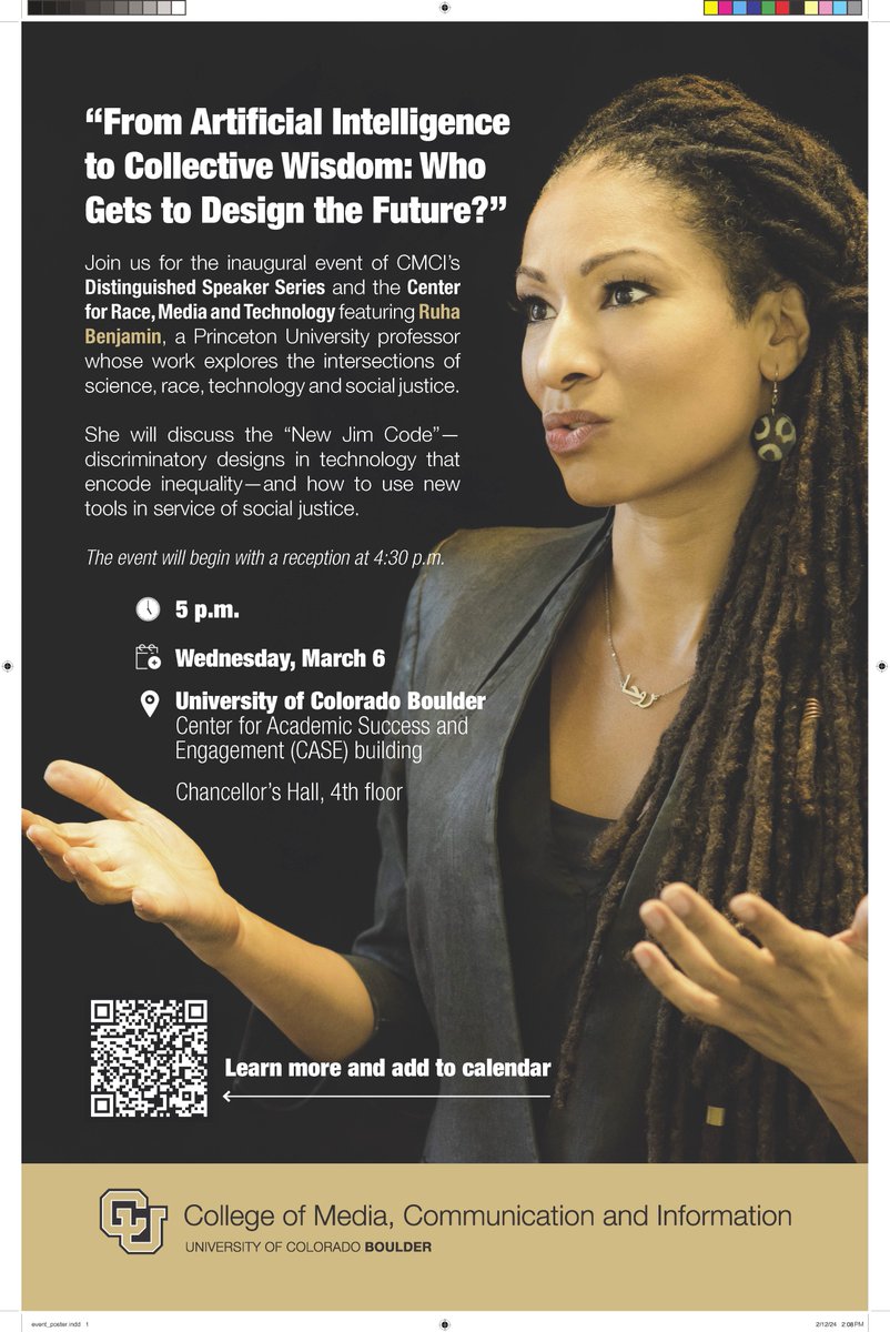 CMCI is excited to launch its annual Distinguished Speaker Series on Wednesday with Dr. Ruha Benjamin. We will also inaugurate the new Center for Race, Media and Technology. @CUBoulderCMCI @CUBoulder calendar.colorado.edu/event/cmci_dis…