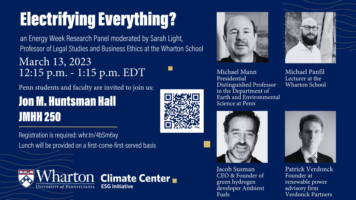 ImpactWharton's tweet image. Join the #WhartonClimateCenter &amp;amp; @PennCSSM for an exciting @Wharton #EnergyWeek research panel surrounding vital questions of renewable energy. Registration is required and lunch will be provided on a first-come-first-served basis!

Register: whr.tn/3SWwprM

#WhartonESG