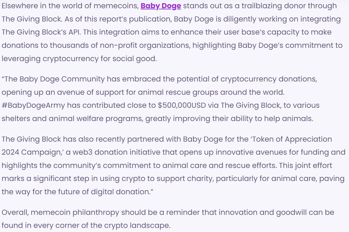 Baby Doge (@babydogecoin) on Twitter photo Crypto donation solution & industry titan <a href="/TheGivingBlock/">The Giving Block</a> mentions the impact of #BabyDogeArmy in it's "The 2024 Annual Report on Crypto Philanthropy".
The Giving Block has also partnered with #BabyDoge on the "Token of Appreciation 2024" campaign, solidifying the relationship Crypto donation solution & industry titan <a href="/TheGivingBlock/">The Giving Block</a> mentions the impact of #BabyDogeArmy in it's "The 2024 Annual Report on Crypto Philanthropy".
The Giving Block has also partnered with #BabyDoge on the "Token of Appreciation 2024" campaign, solidifying the relationship