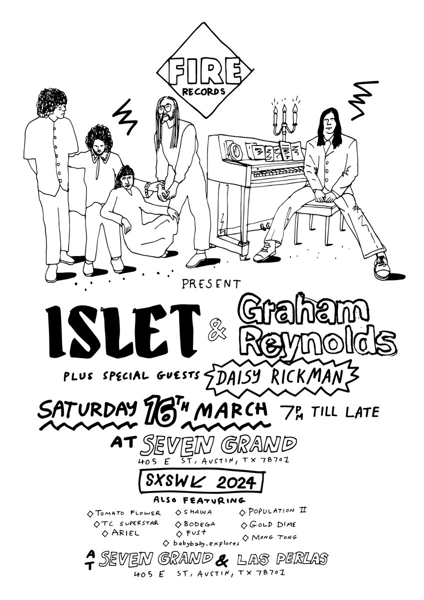 Fire Records will be hosting an official showcase at this year’s @sxsw 🌵 Taking over @sevengrand and @LasPerlasaustin, on Saturday 16th March the showcase will feature Welsh liminal shapeshifters @Islet & Texas’ own composer-bandleader-improviser, @grahamreynolds. See you there.