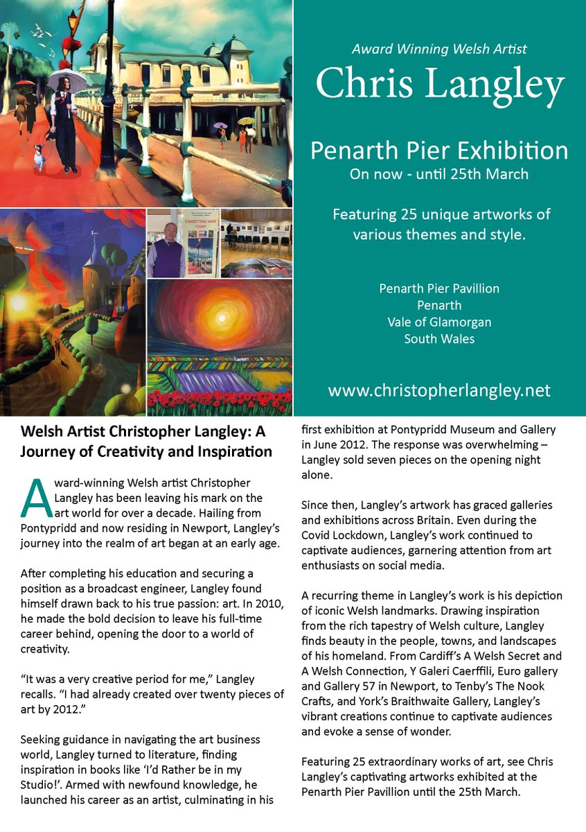 Don't miss your chance to see award-winning Welsh artist, Chris Langley this March. See Chris' exhibition at Penarth Pier now - until the 25th March. For further details visit: christopherlangley.net @penarthpier @PenarthPierCafe #penarth #penarthpier #welshart #welshartist