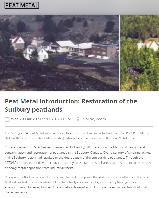 New webinar series as part of NERC #PeatMetal exploring peatland heavy metal contamination, disturbance and restoration. First session 20/03/24 with @garethdclay and Peter Beckett. Please share widely! Full details - peatmetal.com/workshops/ Register - bit.ly/4bXpG9N