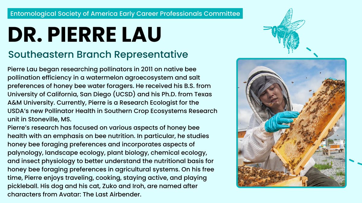 Meet Dr. Pierre Lau (<a href="/MississippBees/">Pierre Lau</a>), #EntSocECP 
Southeastern Branch rep! Pierre is a Research Ecologist at <a href="/USDA_ARS/">Agricultural Research Service</a> Pollinator Health in Southern Crop Ecosystems Research Unit where he studies honey bee health and nutrition 🐝